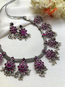 Ruby spinel flower necklace with earrings, set-Silver Neckpiece-PL-House of Taamara