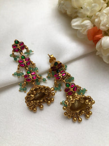 Ruby style & green kundans long jhumkas-Earrings-PL-House of Taamara