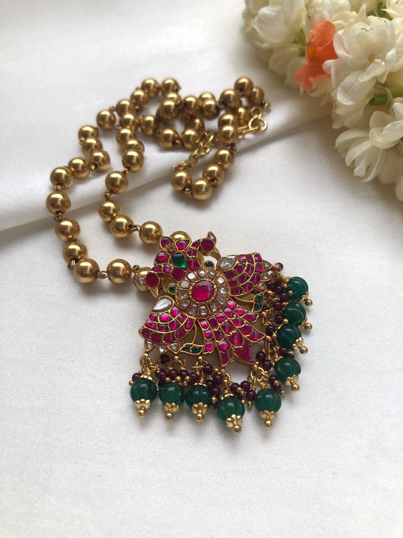 Ruby style peacock pendant with gold polish mohan mala-Silver Neckpiece-PL-House of Taamara