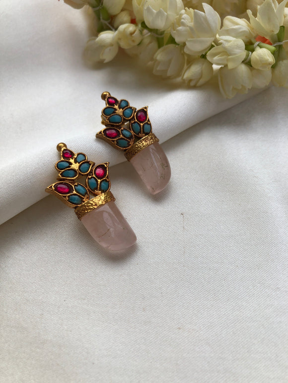 Ruby & turquoise with rose quartz tiger nail earrings-Earrings-PL-House of Taamara