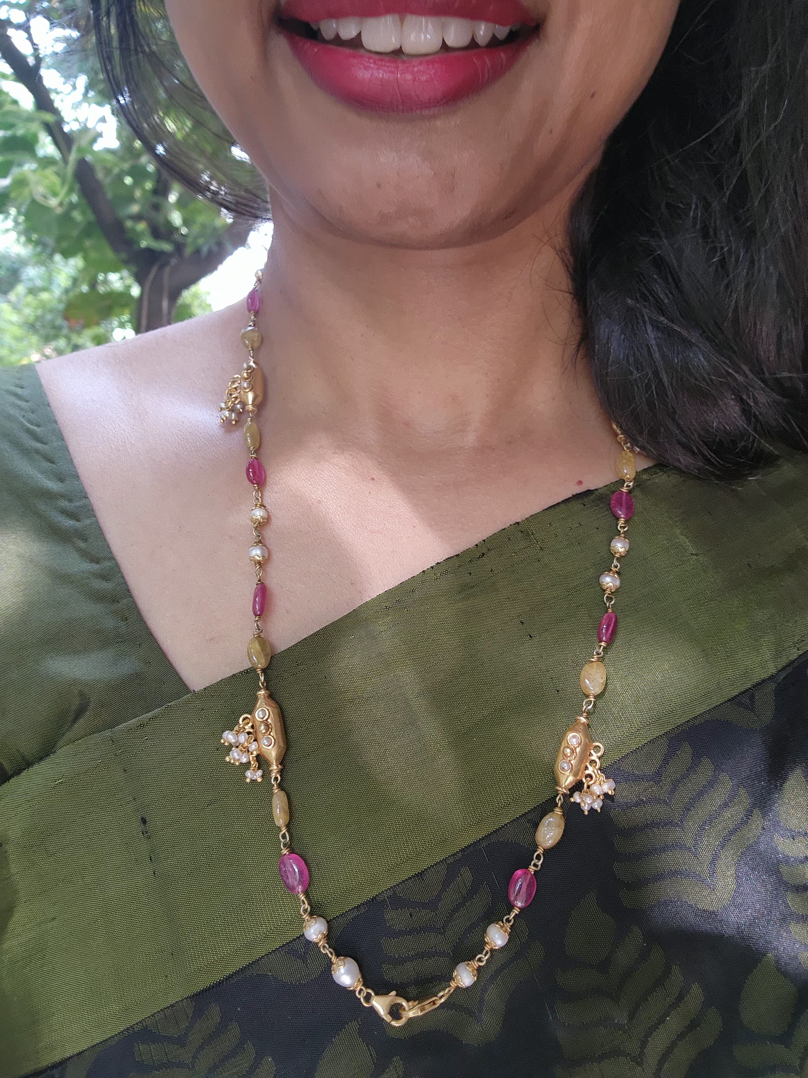 Ruby & yellow onyx with pearls mala-Silver Neckpiece-PL-House of Taamara