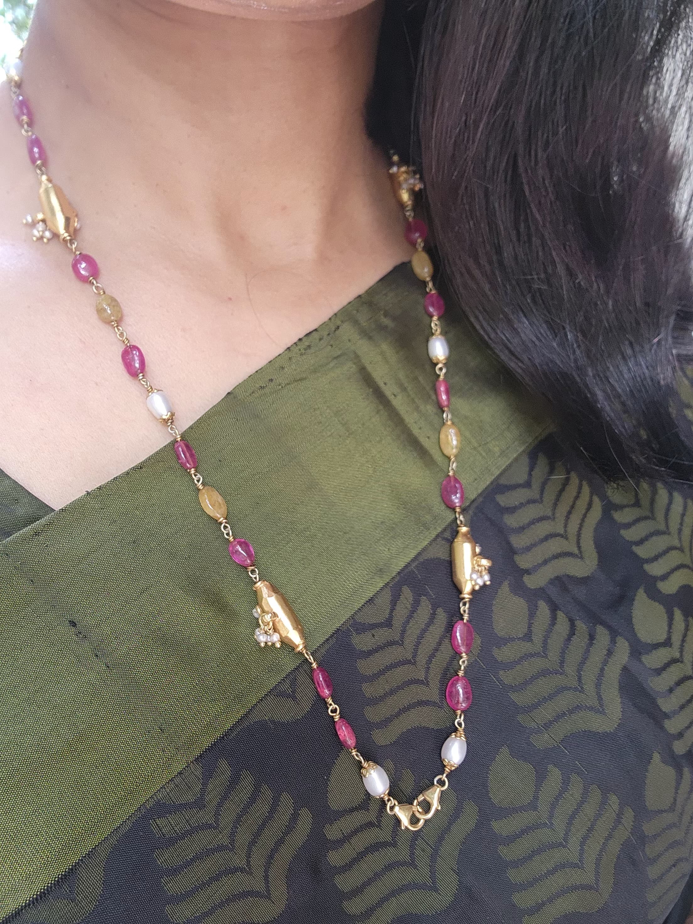 Ruby & yellow onyx with pearls mala-Silver Neckpiece-PL-House of Taamara