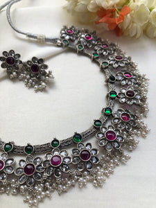 Ruby & zircon necklace with earrings, set-Silver Neckpiece-PL-House of Taamara