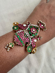 Semi Precious Kundan, Ruby & Emerald Stone Carved Kada With Antique Pearls-Silver Bracelet-CI-House of Taamara