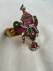 Semi Precious Kundan, Ruby & Emerald Stone Carved Kada With Antique Pearls-Silver Bracelet-CI-House of Taamara