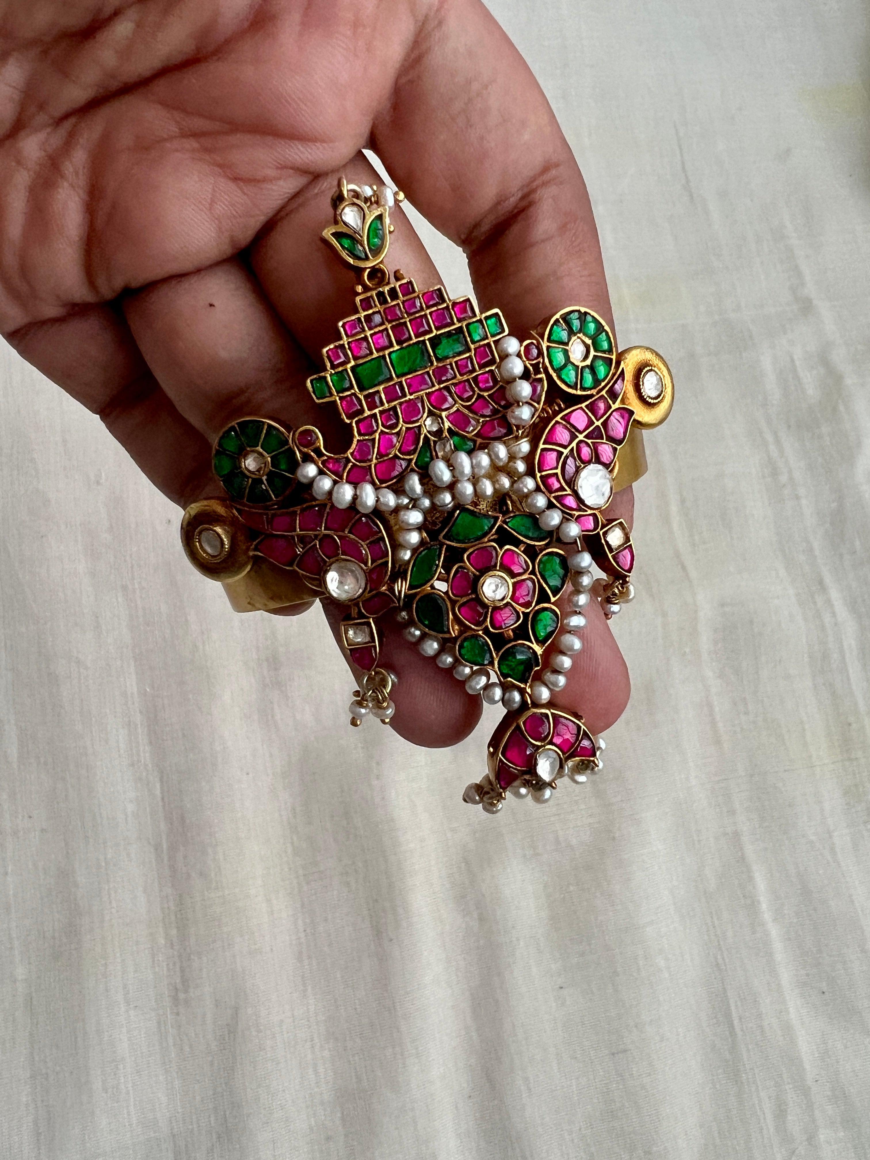 Semi Precious Kundan, Ruby & Emerald Stone Carved Kada With Antique Pearls-Silver Bracelet-CI-House of Taamara