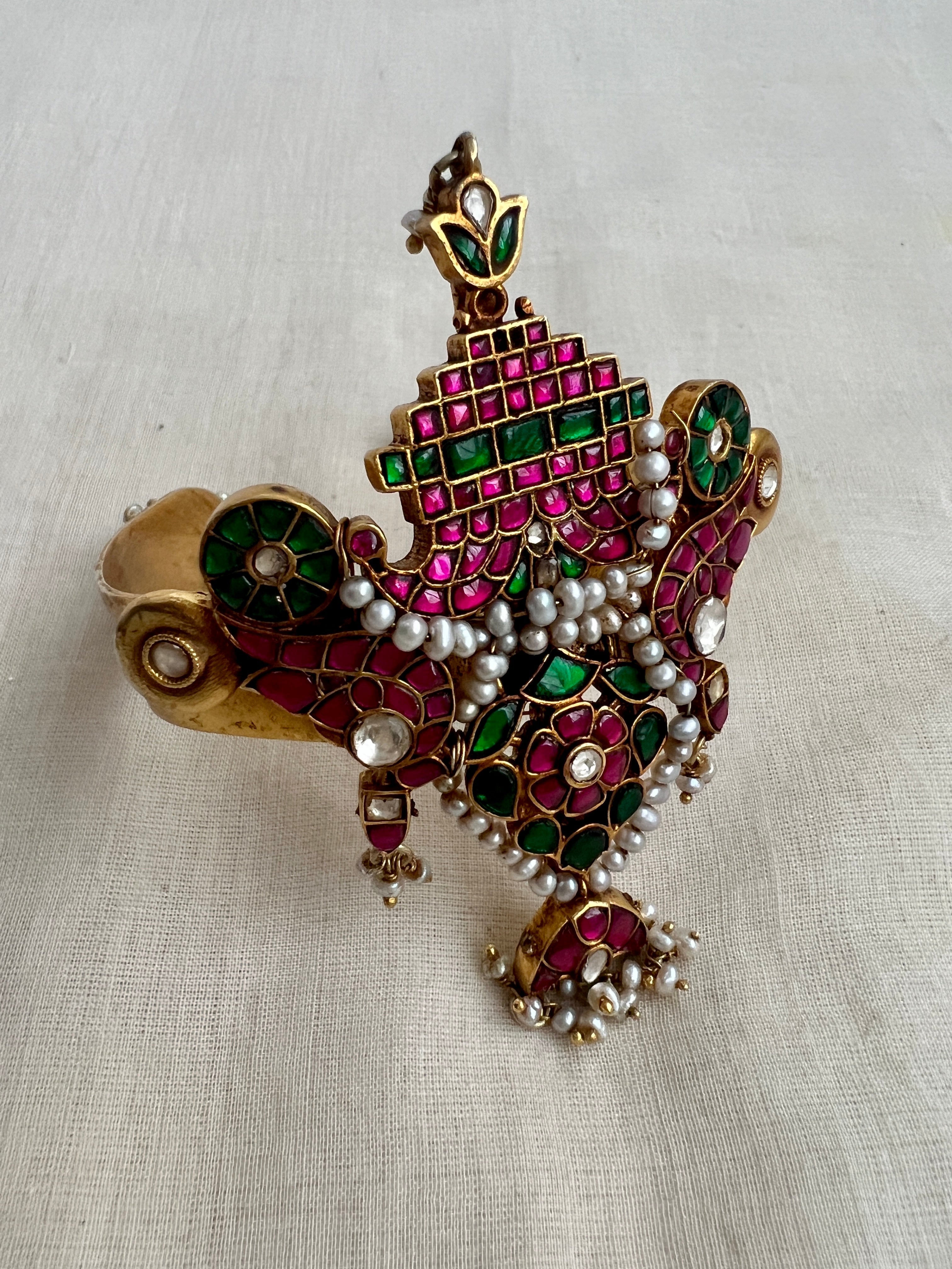 Semi Precious Kundan, Ruby & Emerald Stone Carved Kada With Antique Pearls-Silver Bracelet-CI-House of Taamara