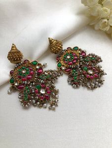 Semi precious earrings with kundan and antique pearls and beads-Earrings-PL-House of Taamara