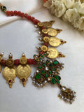 Semi precious kundan & green pendant with Laxmi Kasu coins with coral & pearls (MADE TO ORDER)-Silver Neckpiece-PL-House of Taamara