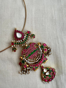 Semi precious kundan, ruby & emerald stones pendant with antique pearls-Silver Neckpiece-CI-House of Taamara