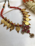 Semi precious kundan ruby pendant with Laxmi kasu coins with corals & pearls (MADE TO ORDER)-Silver Neckpiece-PL-House of Taamara