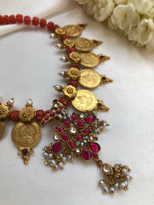 Semi precious kundan ruby pendant with Laxmi kasu coins with corals & pearls (MADE TO ORDER)-Silver Neckpiece-PL-House of Taamara