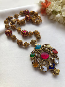 Semi precious navratan pendant with antique beads and kundan beads-Silver Neckpiece-PL-House of Taamara