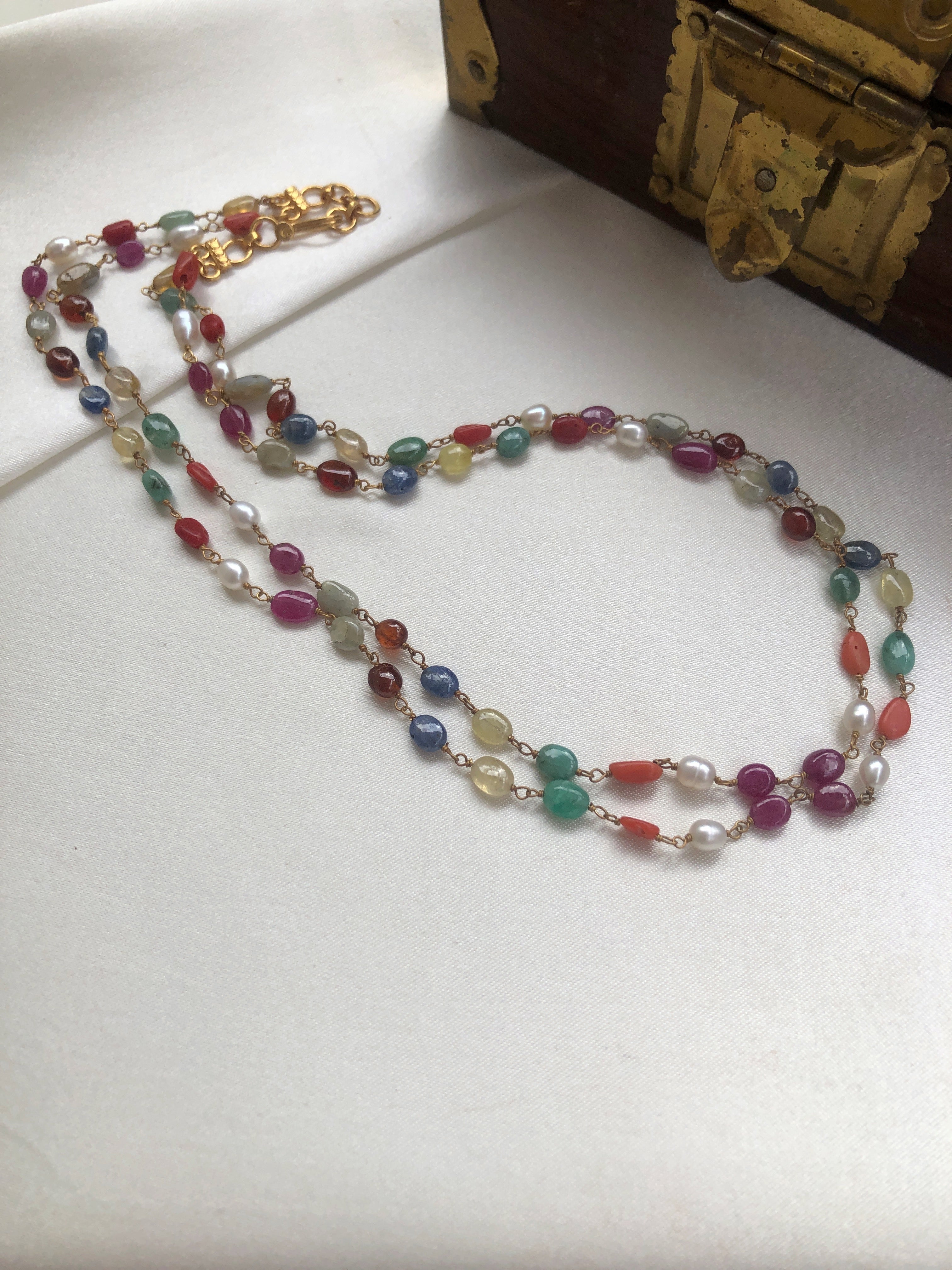 Semi precious navrathan beads 2 lines-Silver Neckpiece-PL-House of Taamara