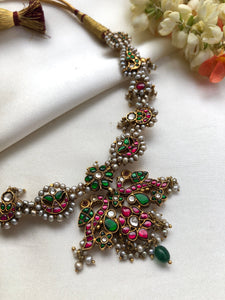 Semi precious ruby and green antique style necklace with pearls-Silver Neckpiece-PL-House of Taamara