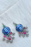 Shades of blue enamel with greena nd pink stones at bottom-Silver earrings-EZ-House of Taamara