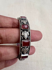 Silver Bangle With Ruby Stone and Peacock, Side Screw-Silver Bracelet-CI-House of Taamara