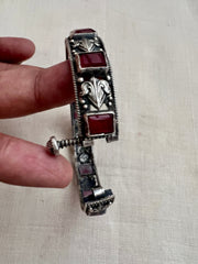 Silver Bangle With Ruby Stone and Peacock, Side Screw-Silver Bracelet-CI-House of Taamara