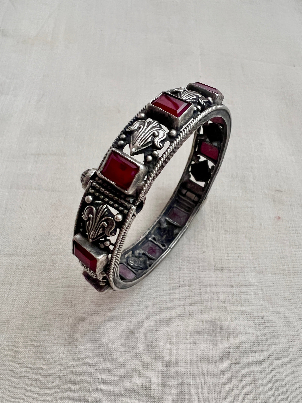 Silver Bangle With Ruby Stone and Peacock, Side Screw-Silver Bracelet-CI-House of Taamara