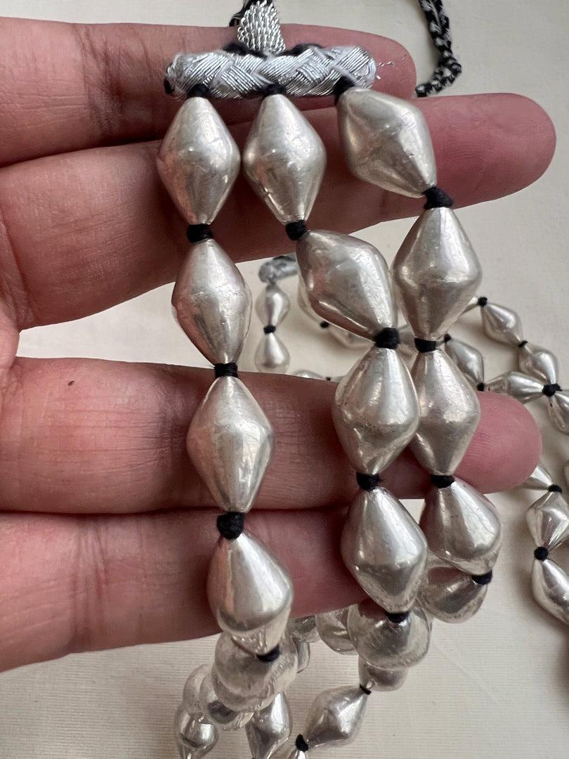 Silver dholki beads 3 layer chain-Silver Neckpiece-CI-House of Taamara