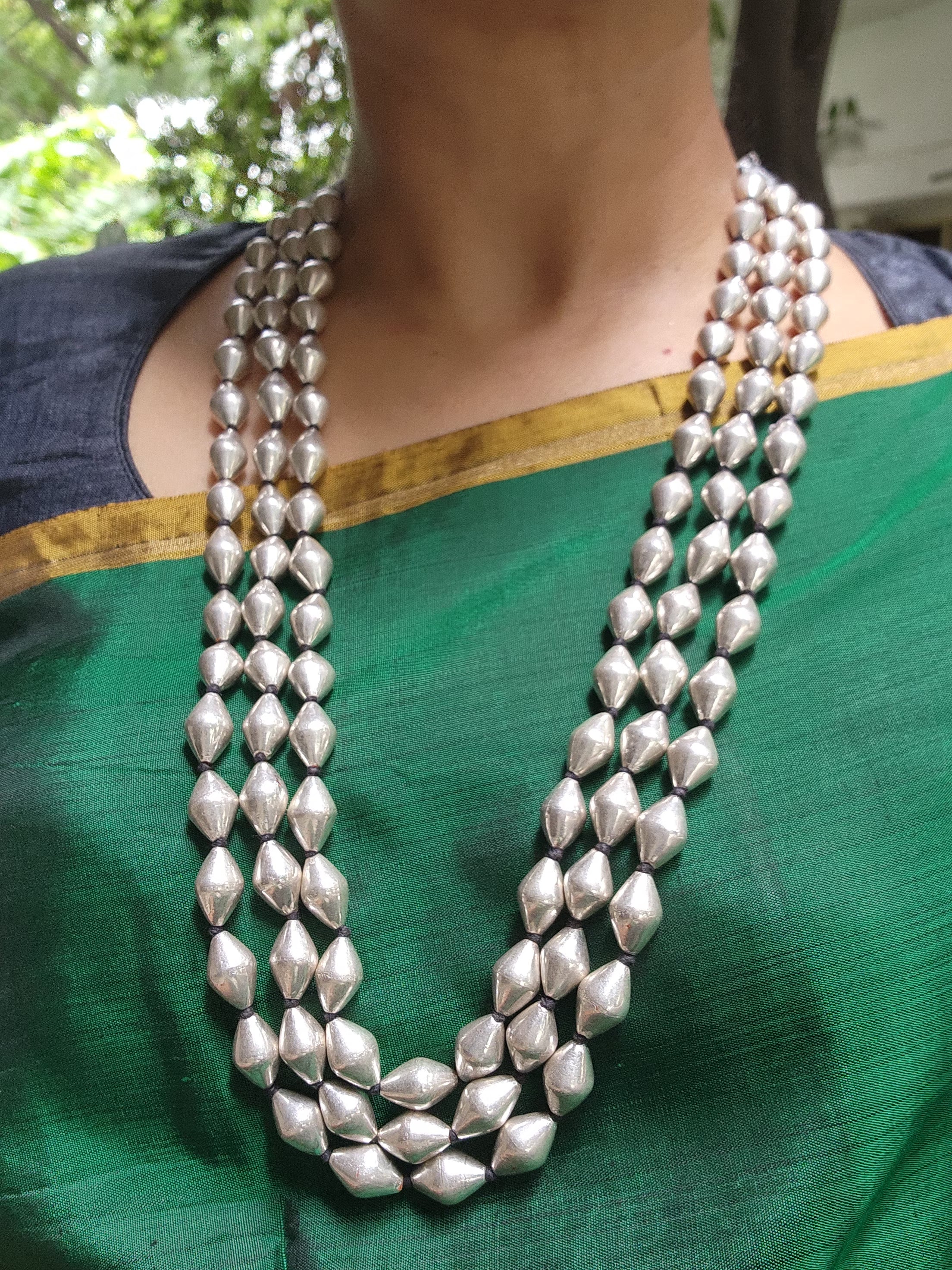 Silver dholki beads 3 layer chain-Silver Neckpiece-CI-House of Taamara