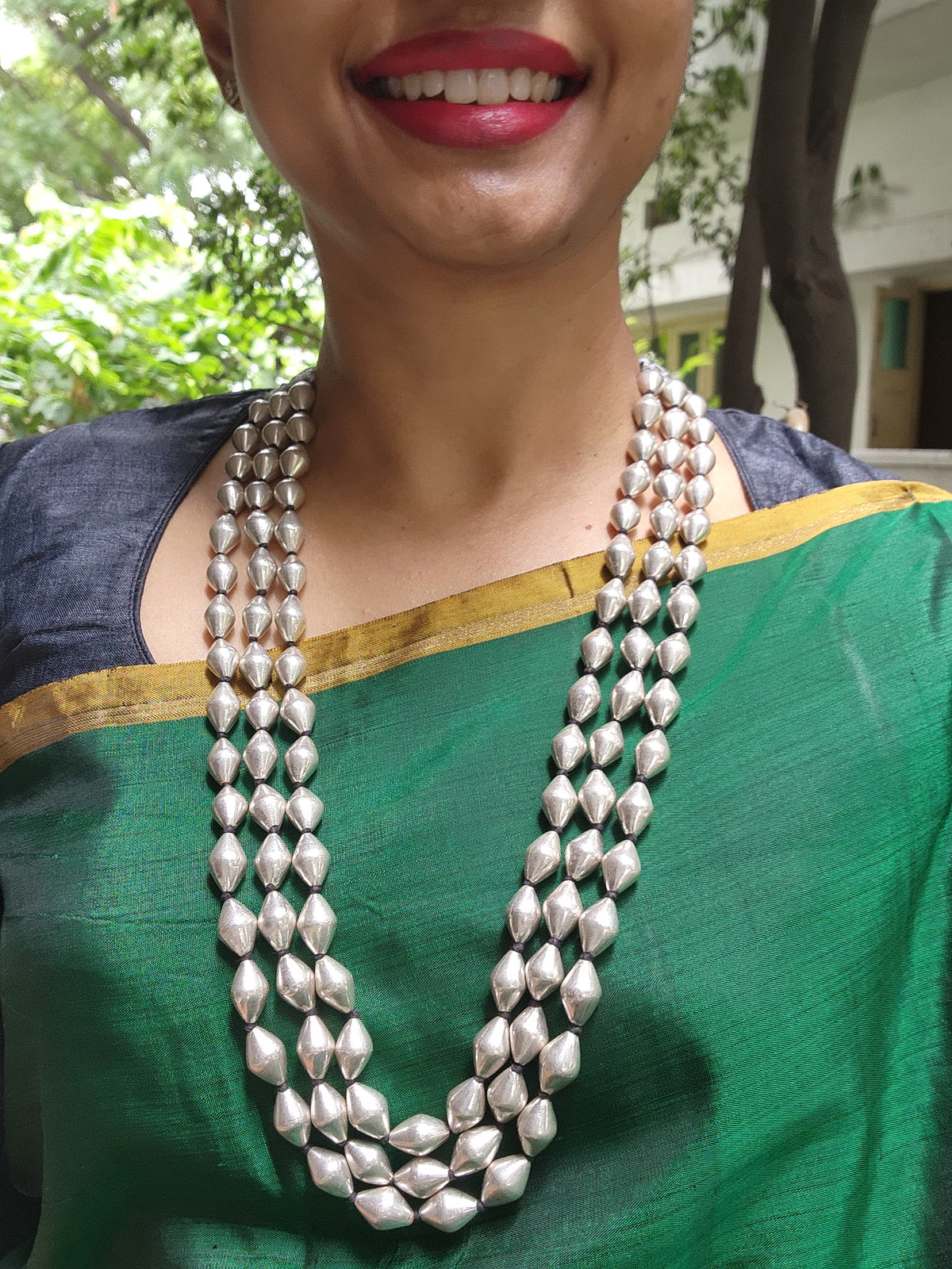 Silver dholki beads 3 layer chain-Silver Neckpiece-CI-House of Taamara