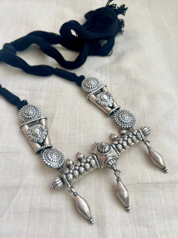 Silver intricate vintage inspired pendant with black dori necklace, set-Silver Neckpiece-CI-House of Taamara