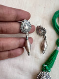 Silver intricate vintage inspired pendant with green dori necklace, set-Silver Neckpiece-CI-House of Taamara