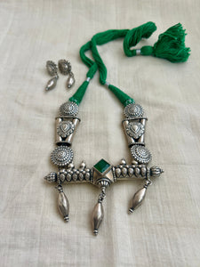 Silver intricate vintage inspired pendant with green dori necklace, set-Silver Neckpiece-CI-House of Taamara