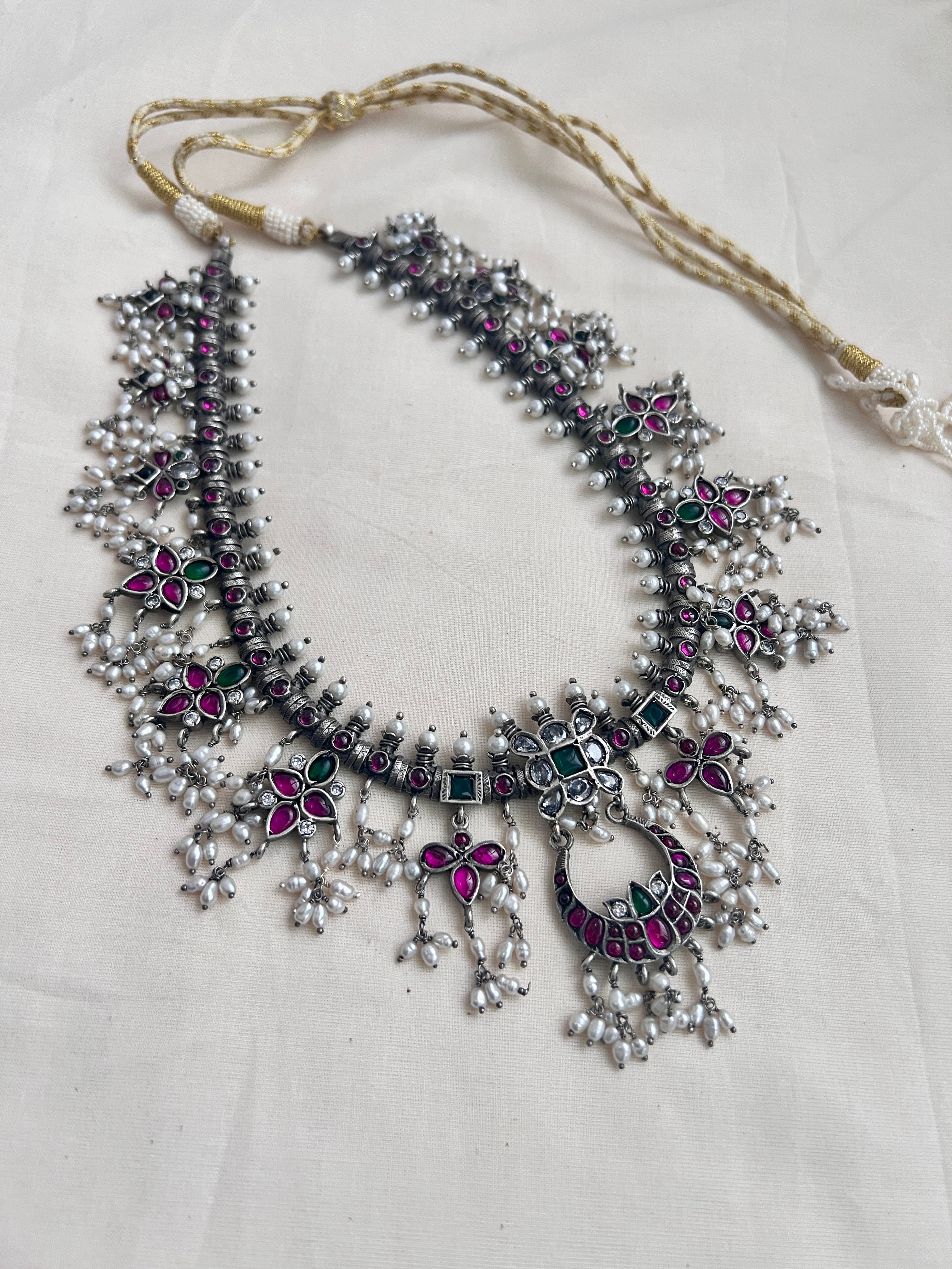 Silver kemp pink & green stone guttapusalu necklace-Silver Neckpiece-CI-House of Taamara