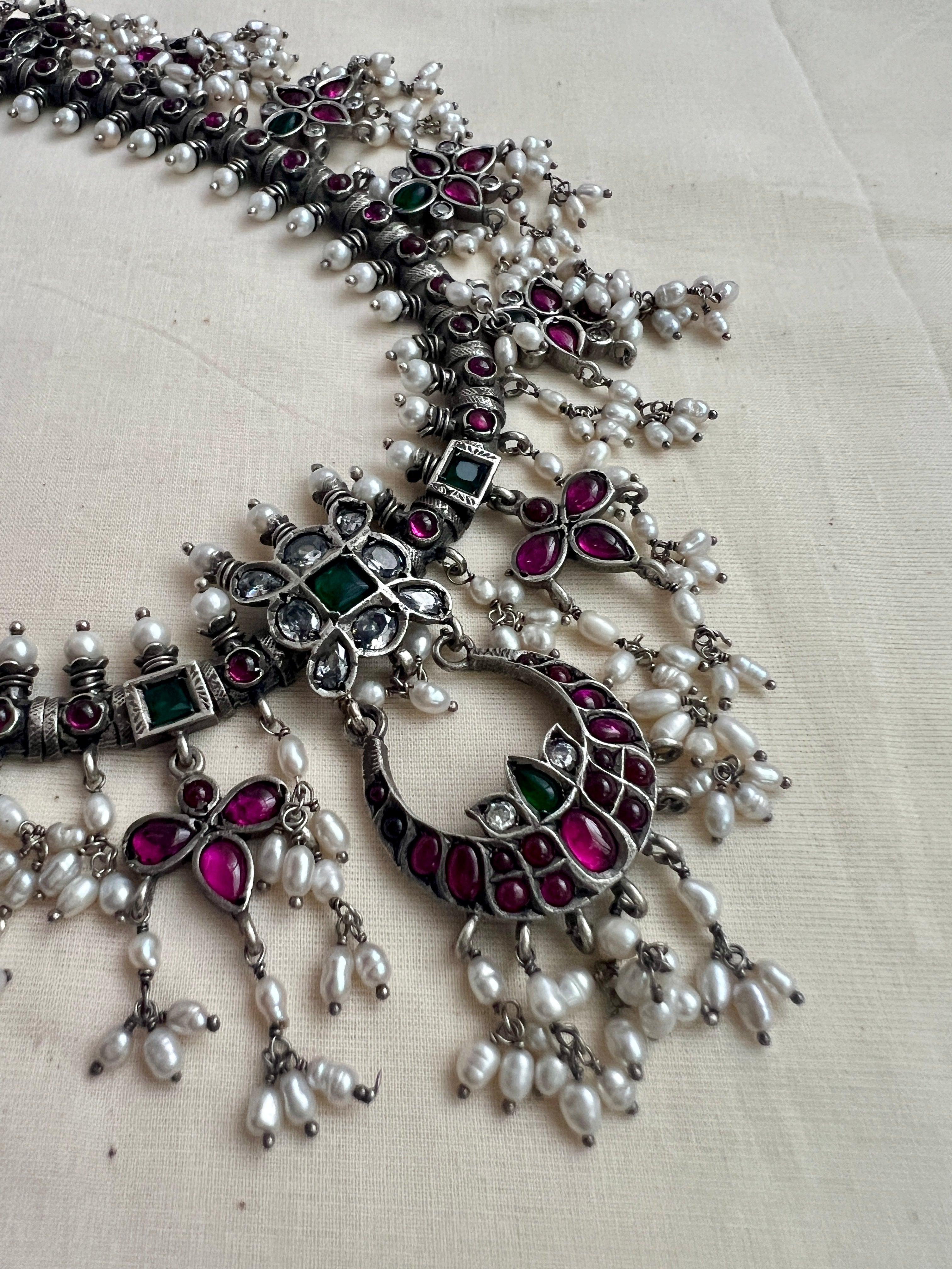 Silver kemp pink & green stone guttapusalu necklace-Silver Neckpiece-CI-House of Taamara