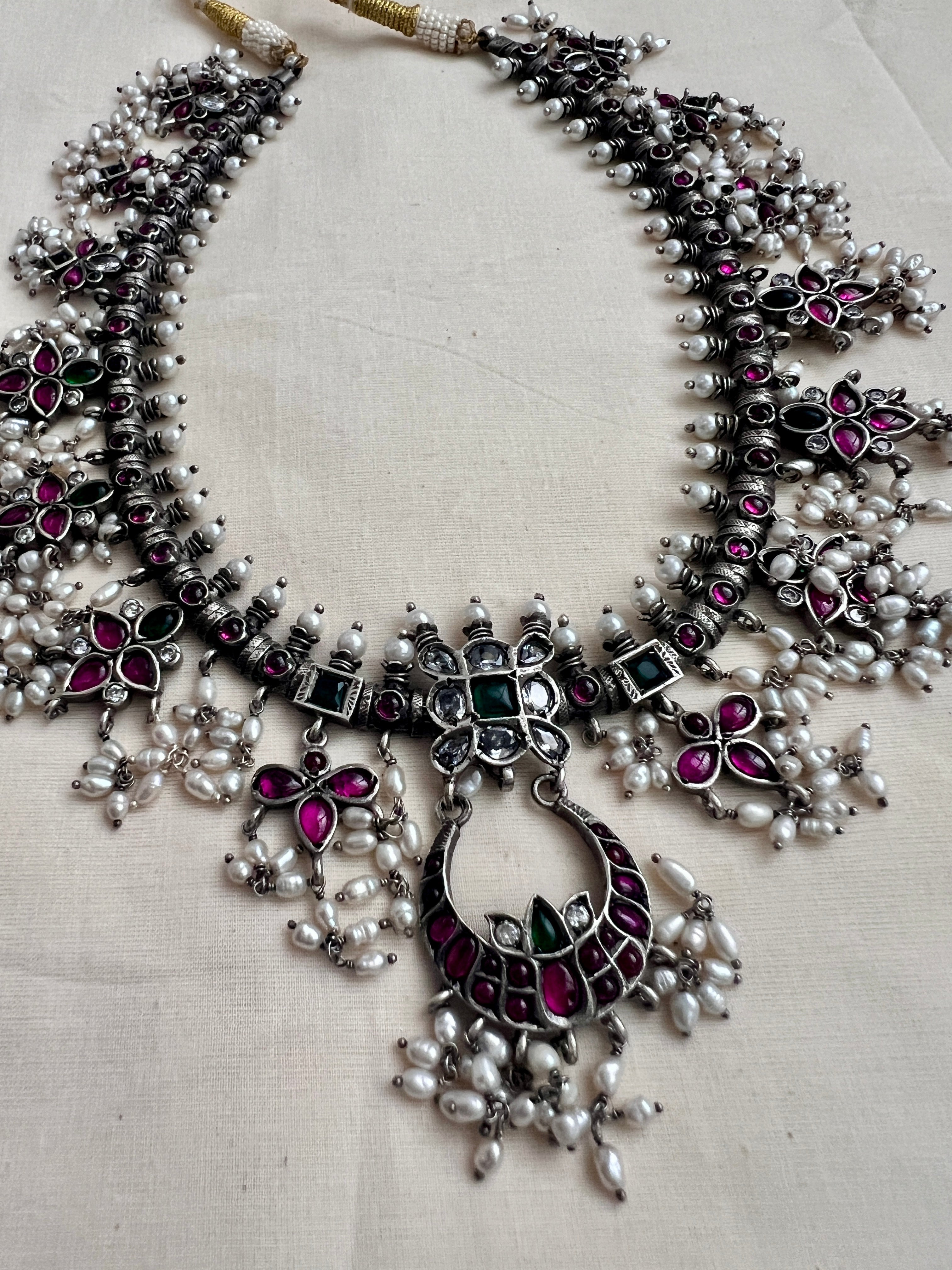 Silver kemp pink & green stone guttapusalu necklace-Silver Neckpiece-CI-House of Taamara