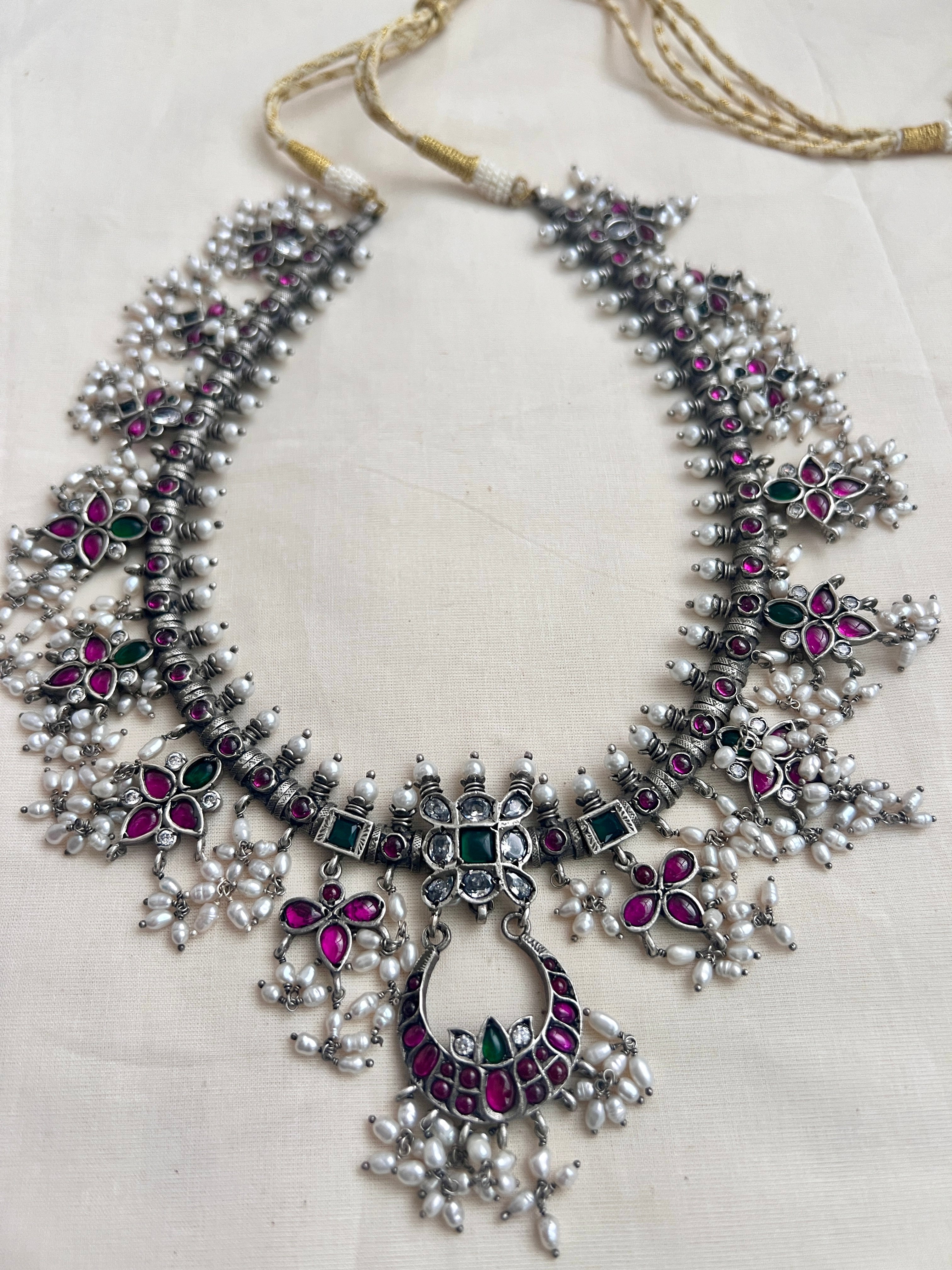 Silver kemp pink & green stone guttapusalu necklace-Silver Neckpiece-CI-House of Taamara