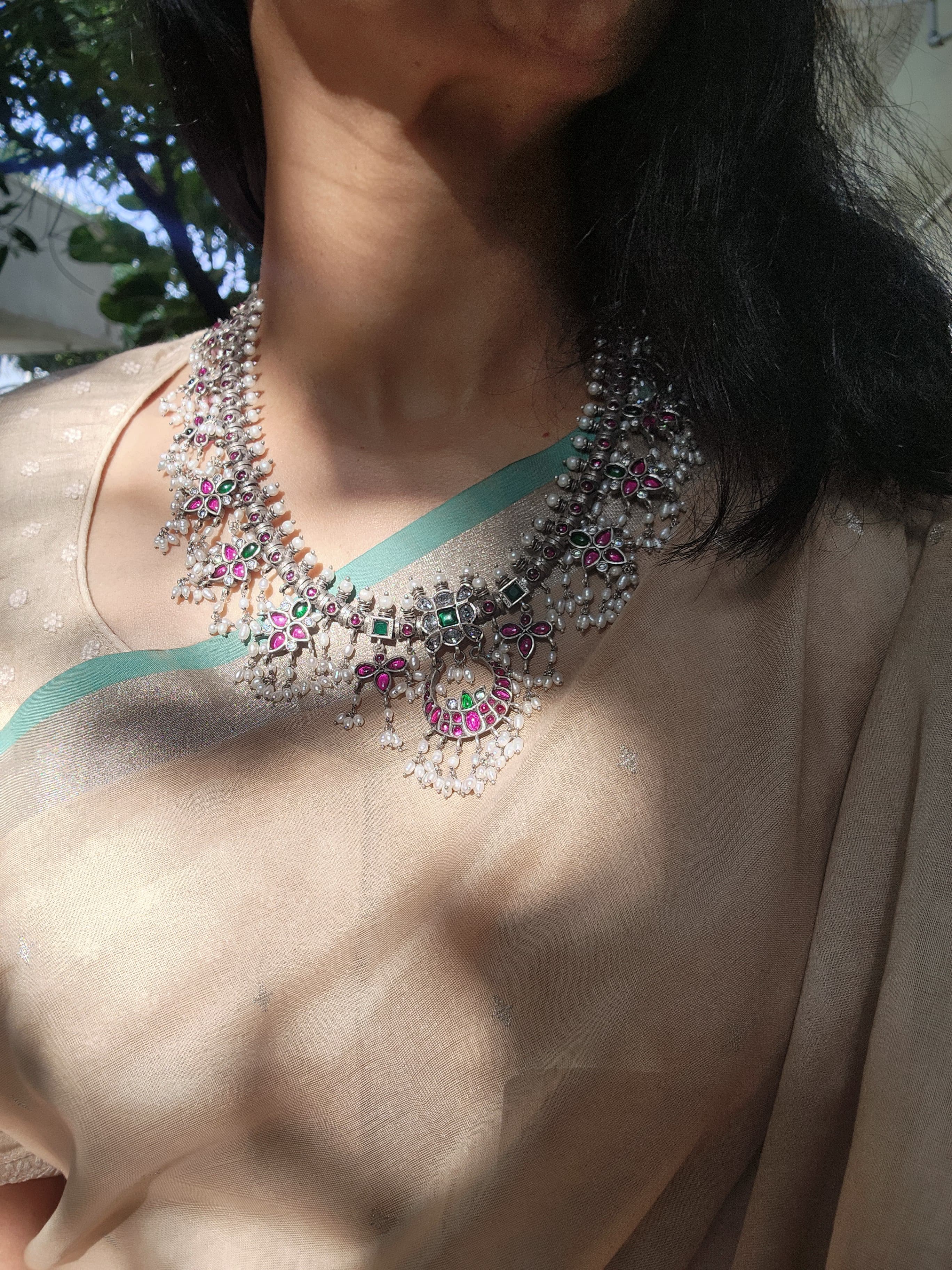 Silver kemp pink & green stone guttapusalu necklace-Silver Neckpiece-CI-House of Taamara