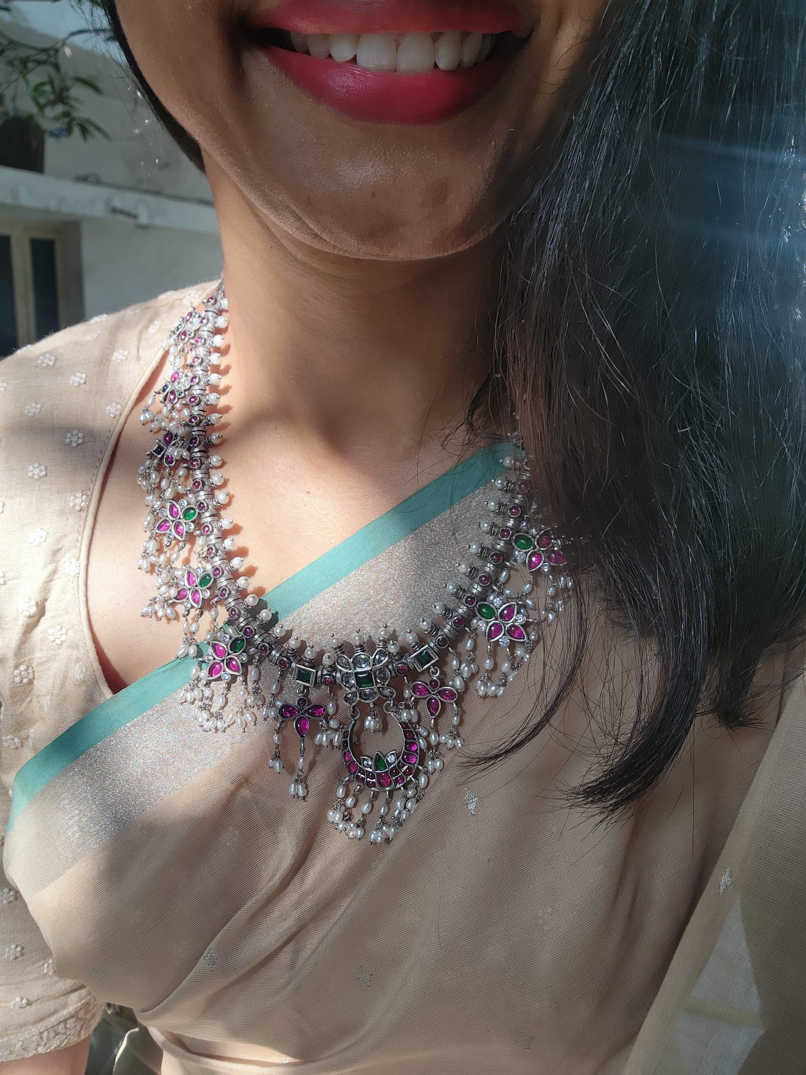 Silver kemp pink & green stone guttapusalu necklace-Silver Neckpiece-CI-House of Taamara