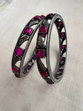 Silver leaf bangles with ruby stones, pair-Silver Bracelet-CI-House of Taamara
