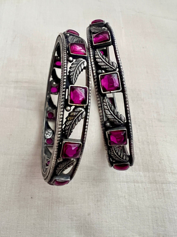 Silver leaf bangles with ruby stones, pair-Silver Bracelet-CI-House of Taamara