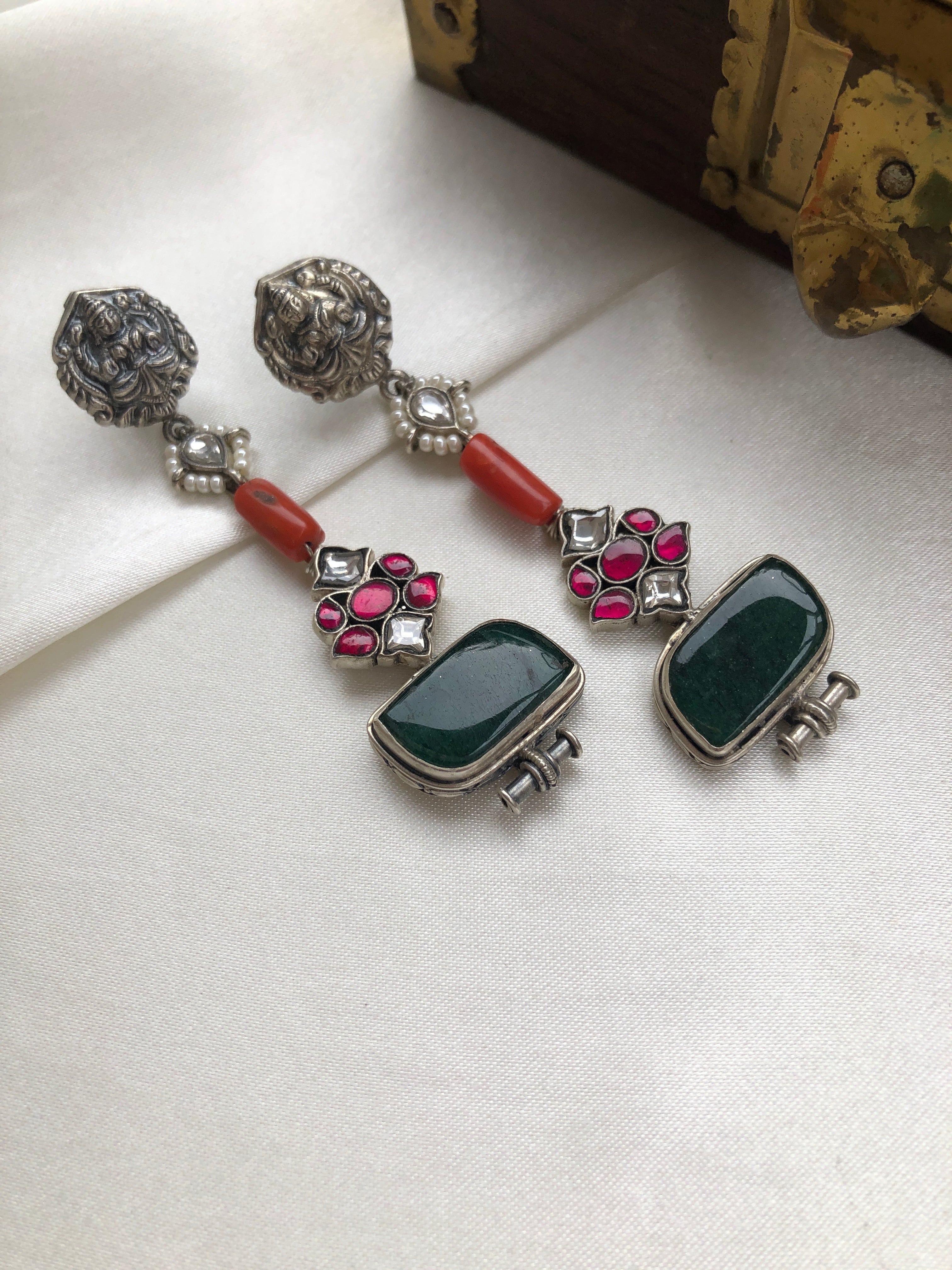 Silver long earrings with coral & green stones-Earrings-PL-House of Taamara