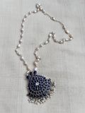 Silver pearl chain with blue kemp pendant-Silver Neckpiece-CI-House of Taamara
