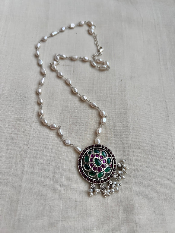 Silver pearl chain with pink and green kemp pendant-Silver Neckpiece-CI-House of Taamara
