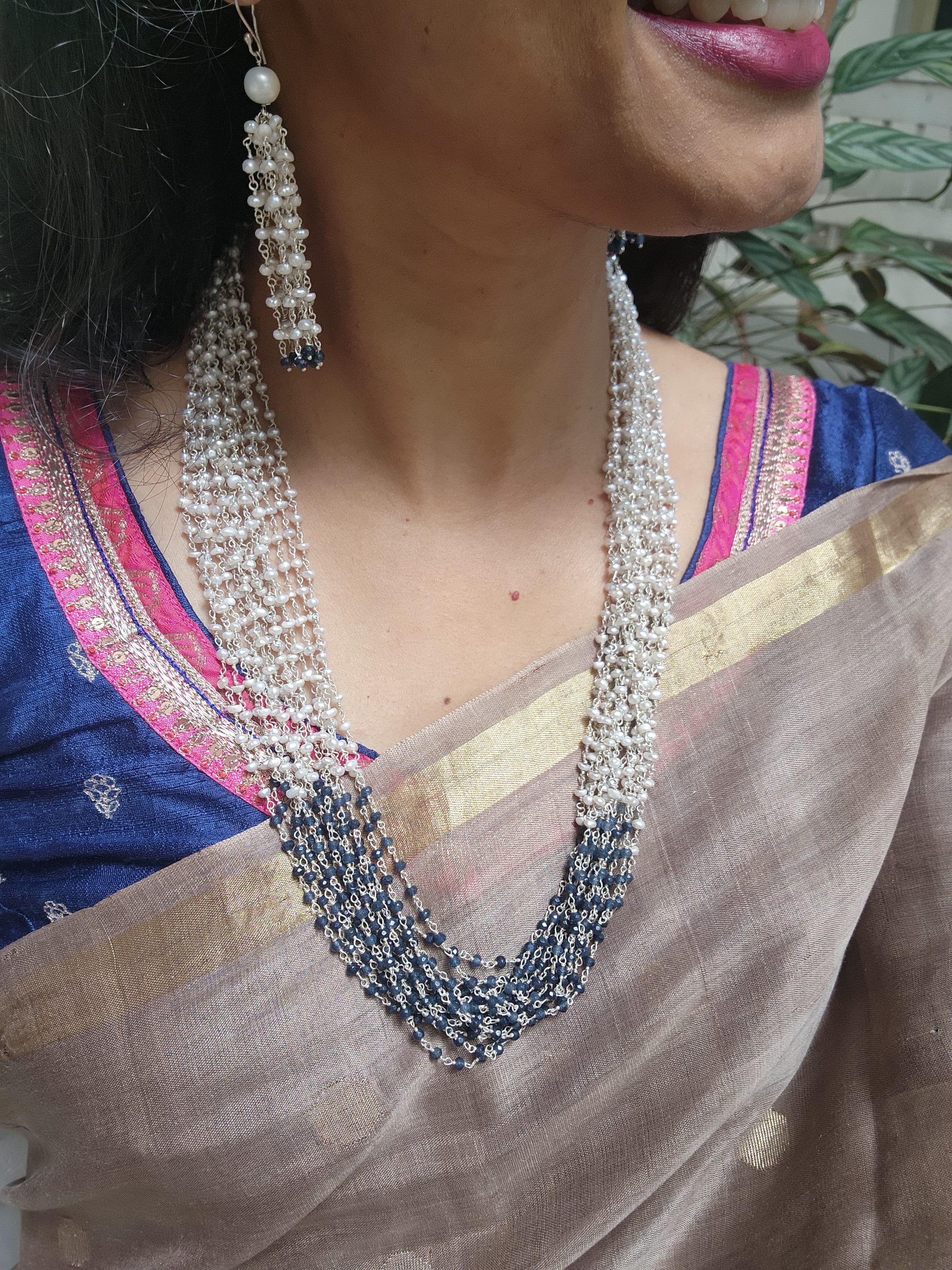 Silver pearls & blue iolite beads bunch necklace, SET-Silver Neckpiece-CI-House of Taamara