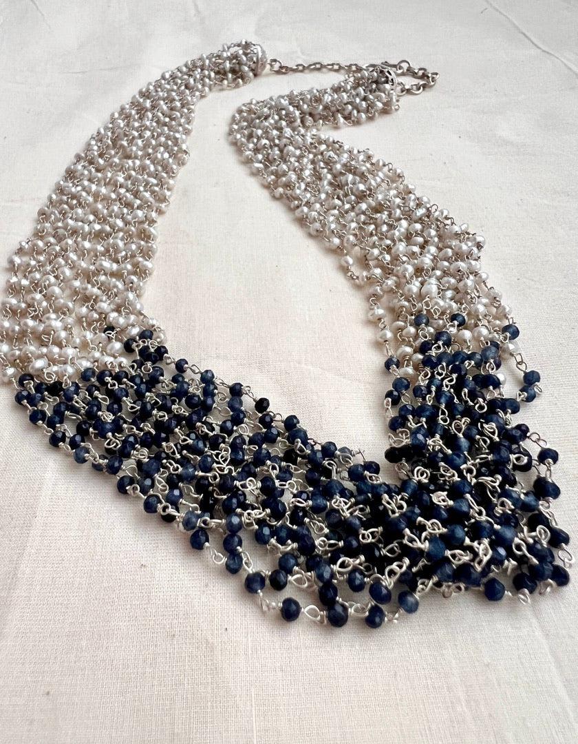 Silver pearls & blue iolite beads bunch necklace, SET-Silver Neckpiece-CI-House of Taamara