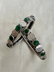 Silver Polish Emerald & Coin Bangles, Pair-Silver Bracelet-CI-House of Taamara