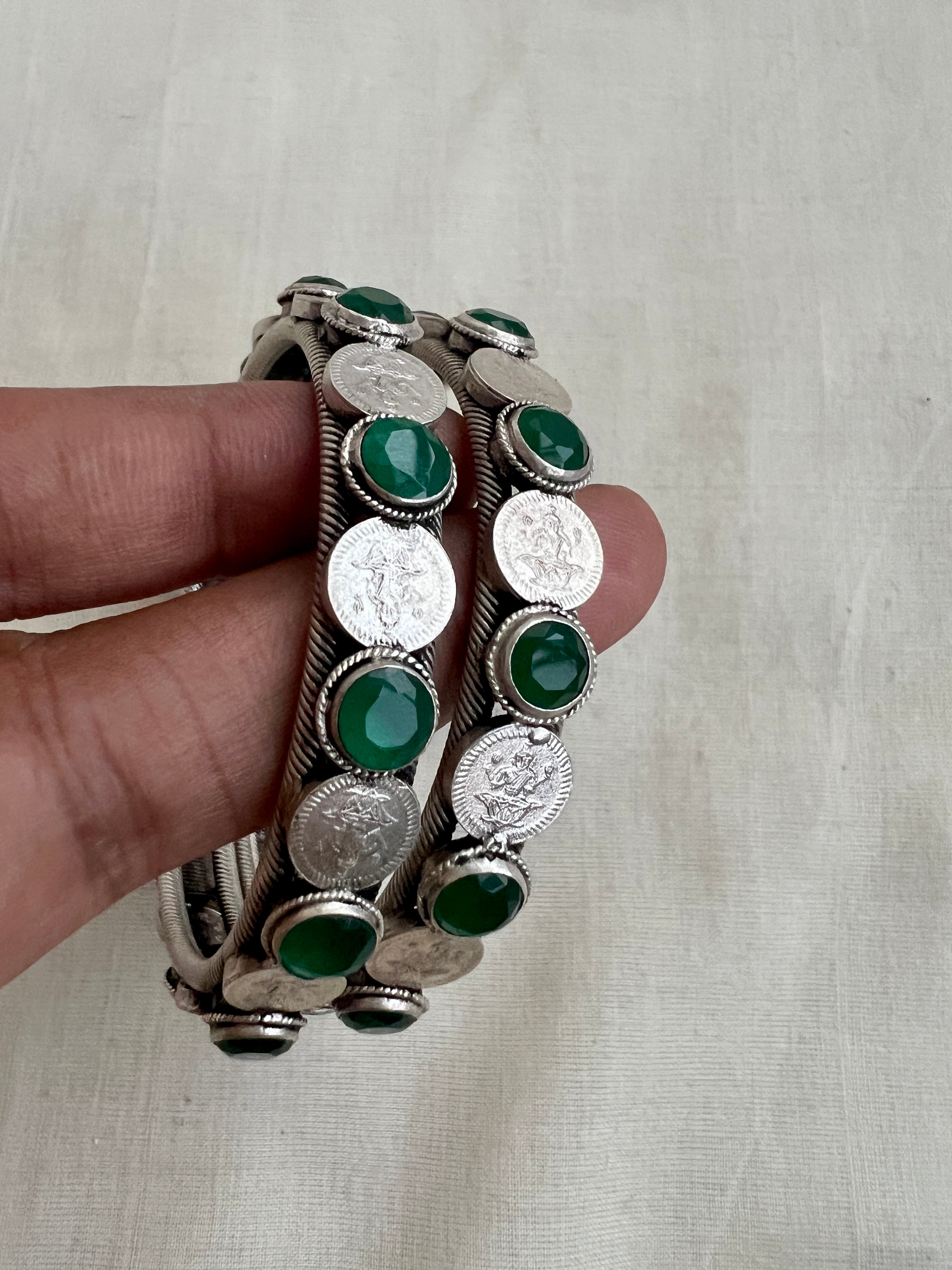 Silver Polish Emerald & Coin Bangles, Pair-Silver Bracelet-CI-House of Taamara