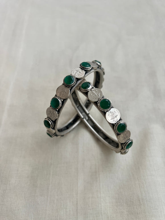 Silver polish emerald & coin bangles, pair-Silver Bracelet-CI-House of Taamara