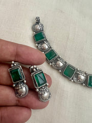Silver polish emerald necklace set with earrings-Silver Neckpiece-CI-House of Taamara