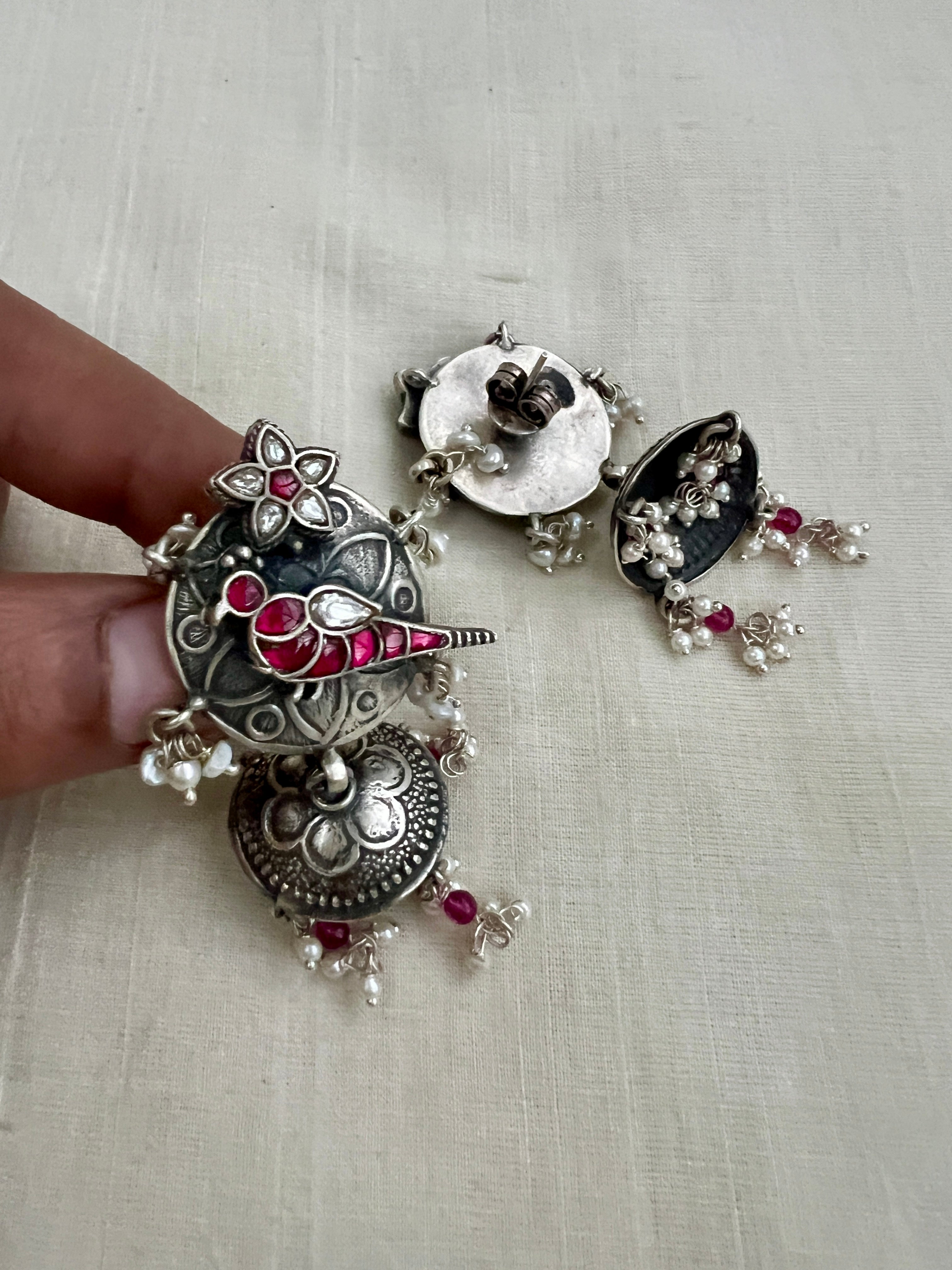 Silver polish kundan and ruby peacock motif jhumkas with pearls-Earrings-CI-House of Taamara