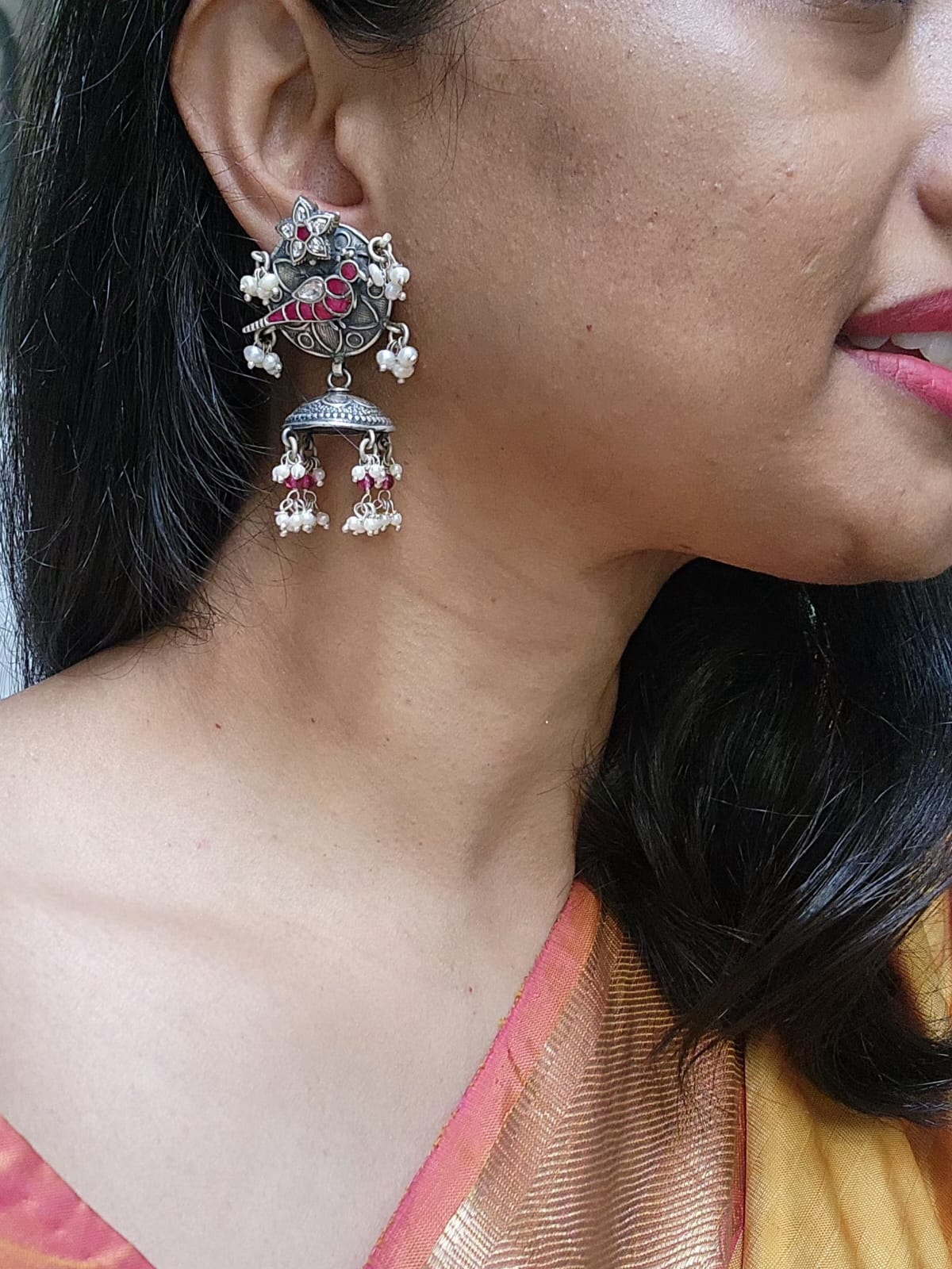 Silver polish kundan and ruby peacock motif jhumkas with pearls-Earrings-CI-House of Taamara