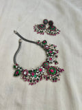 Silver polish kundan, ruby & emerald gutapusulu necklace with pearls, set-Silver Neckpiece-CI-House of Taamara