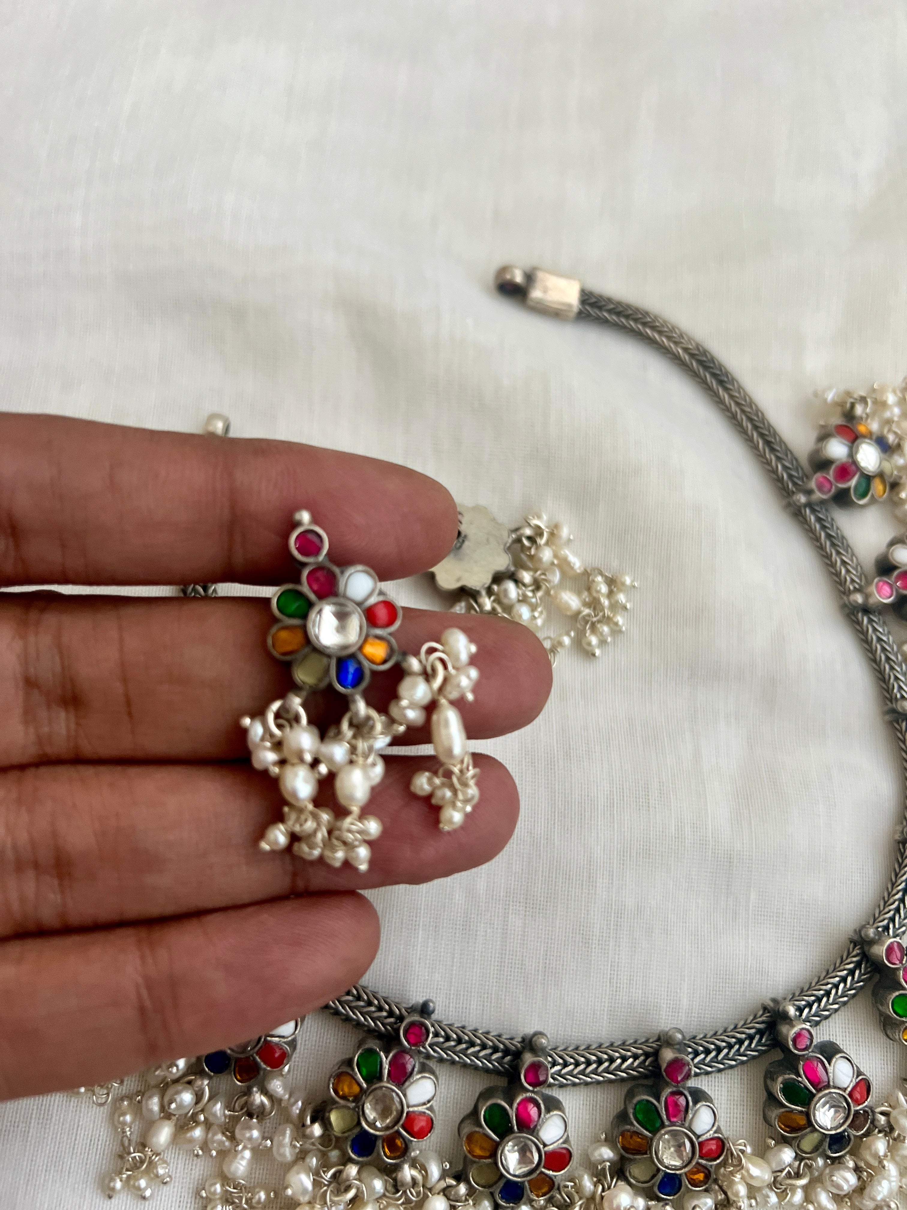 Silver polish navrathana flower motif gutapusulu necklace, set-Silver Neckpiece-CI-House of Taamara
